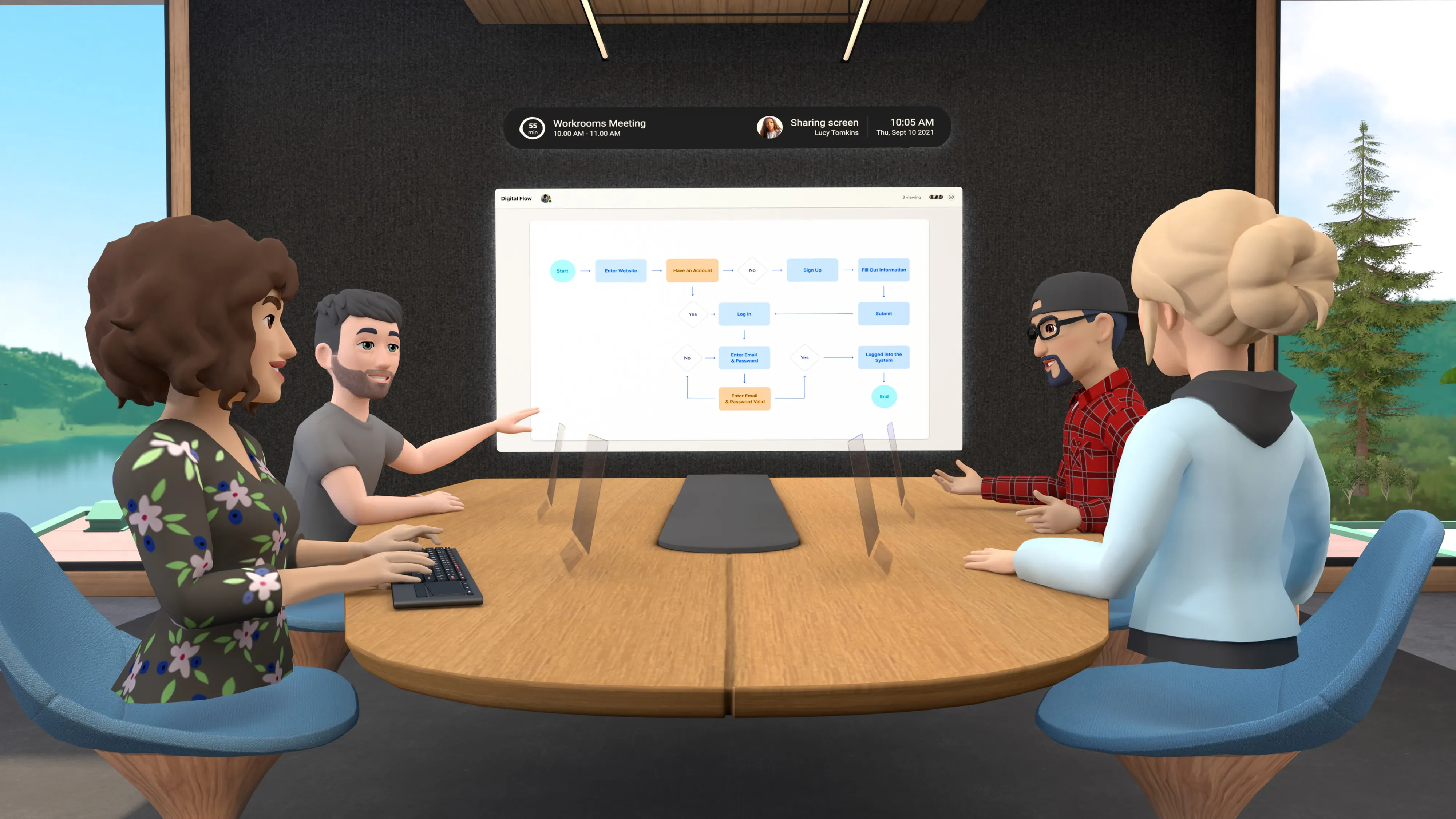 Participants collaborating inside a virtual reality team workspace
